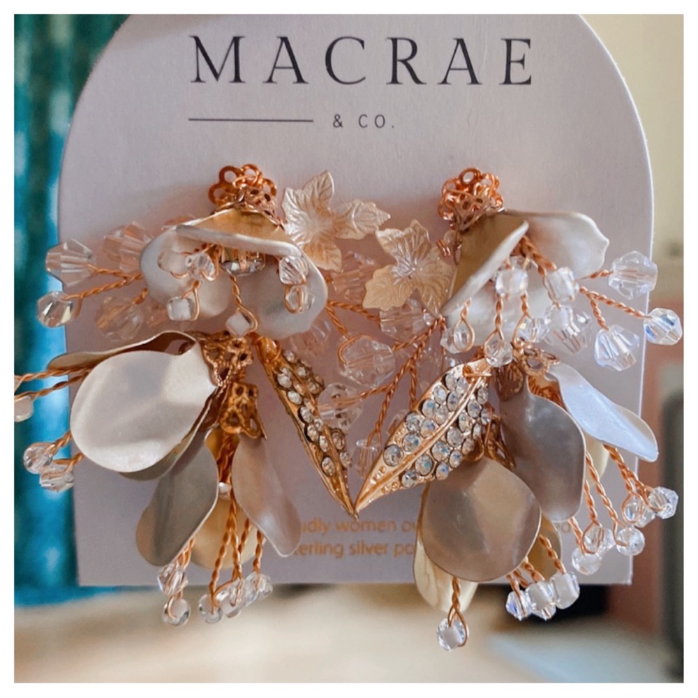 Macrae Wire Flower Buds Crystal Leaves Gold Earrings NWT